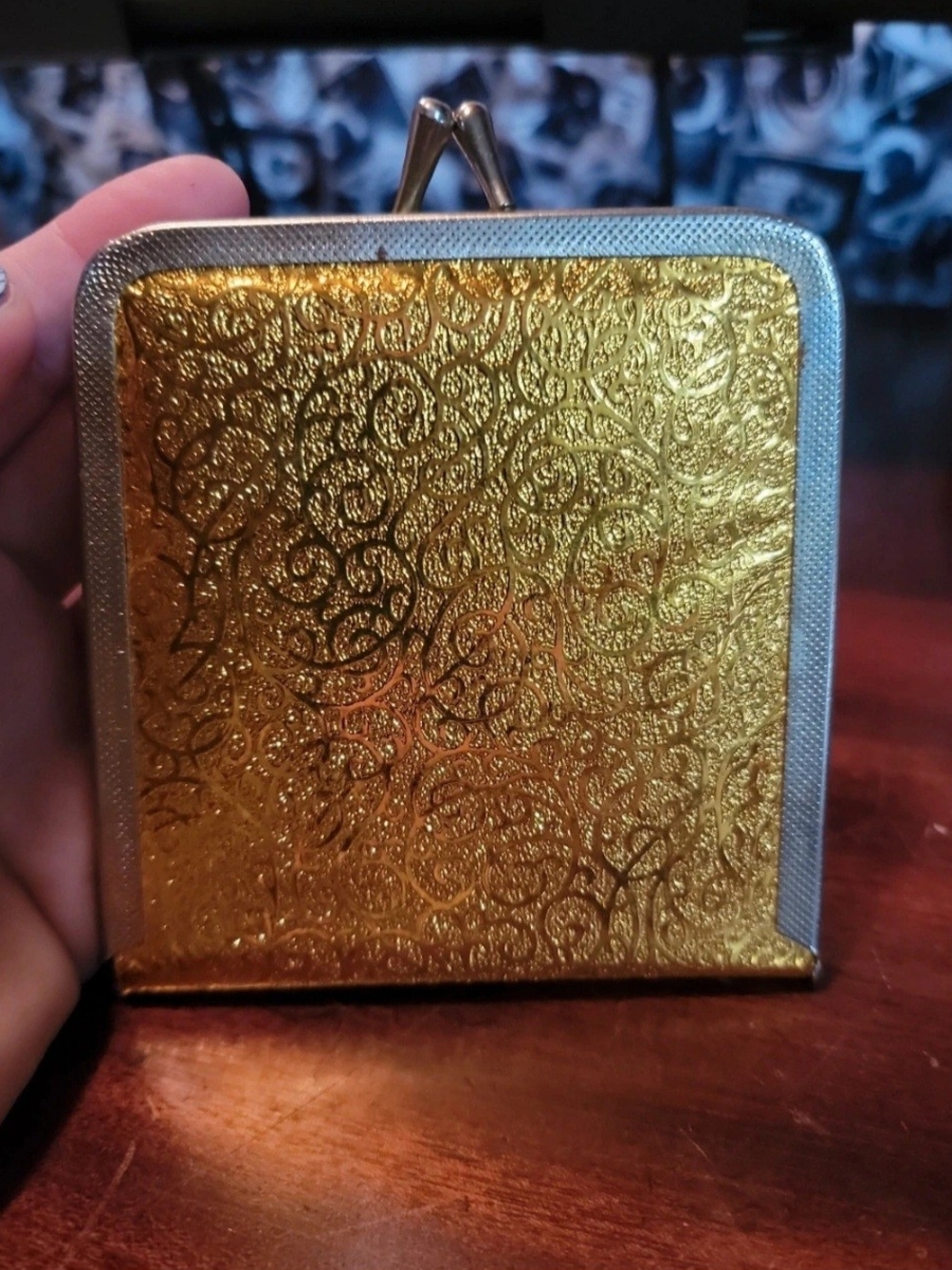 Vintage Gold Foil Filigree Double Mirror Compact